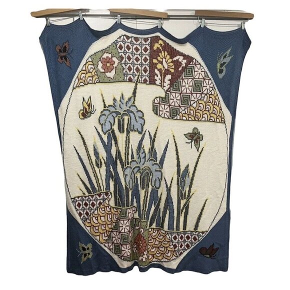 Handmade Afghan Throw Knit Blanket Blue Floral Butterfly Cross Stitch 64 x 54" - Picture 1 of 9